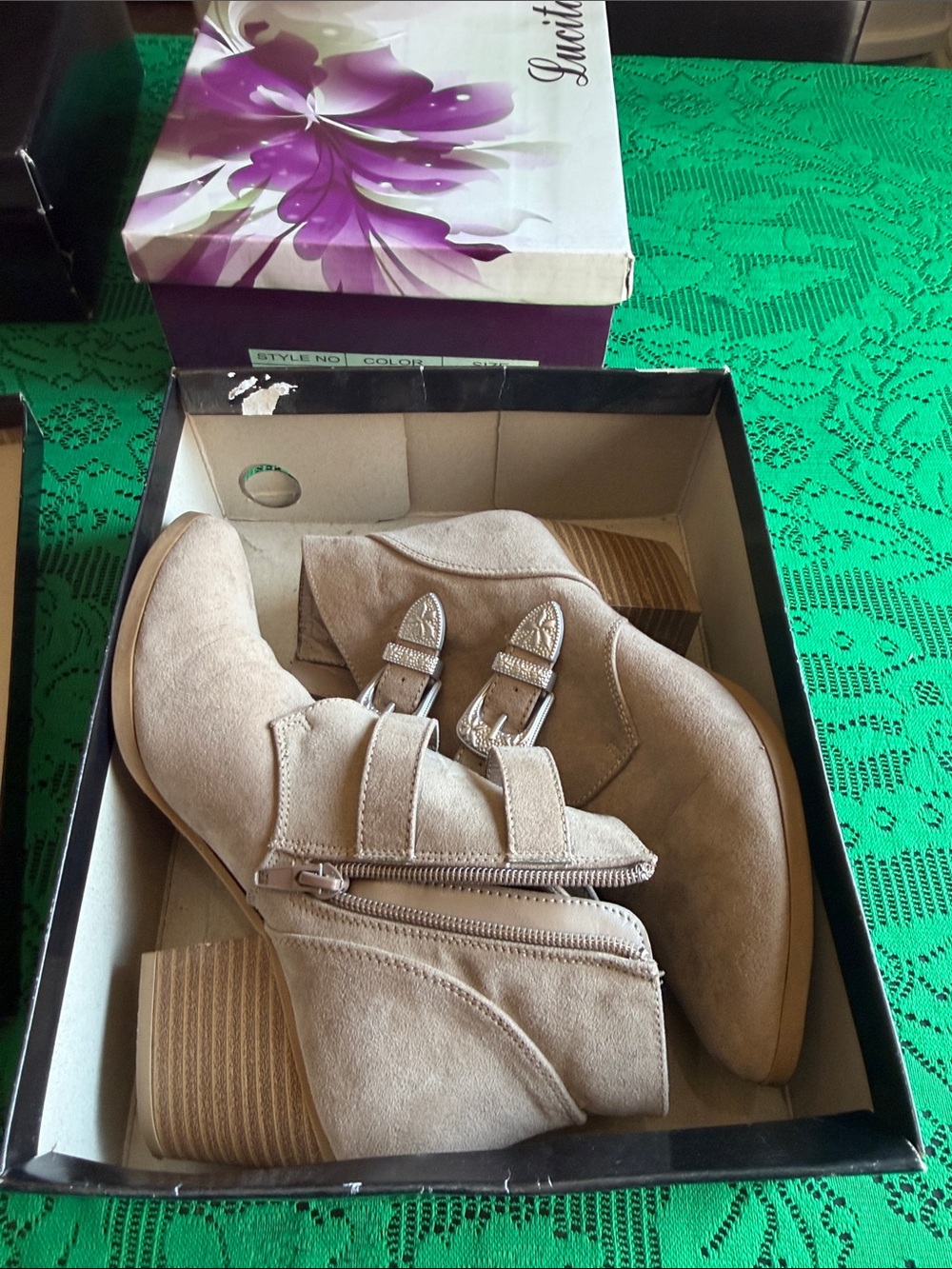 Christian Siriano Taupe Suede Pointed Ankle Boots with Triple Buckle Straps - Picture 6 of 7